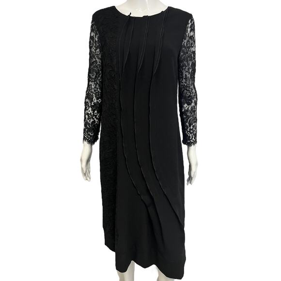 Oscar de la Renta Dresses & Skirts - OSCAR DE LA RENTA Black Wool Trim Floral Lace Long Sleeve Midi Dress Size 12